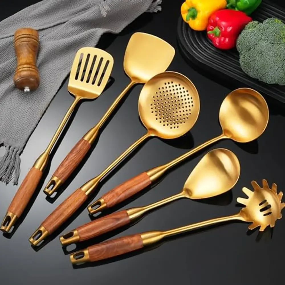

Professional 6-Piece Stainless Steel Kitchen Utensils Set with Wooden Handles Restaurant Quality Wok Spatula Ladle Skimmer
