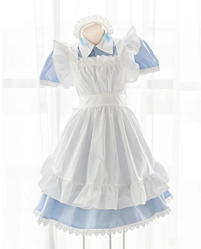 

Maid Blue and white stitched sissy Dress Uniform Cosplay dress