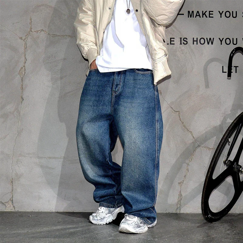 Japanese Style Simple Blue Washed Wide Leg Jeans Men, Loose Straight Korean Fashion Streetwear Pants