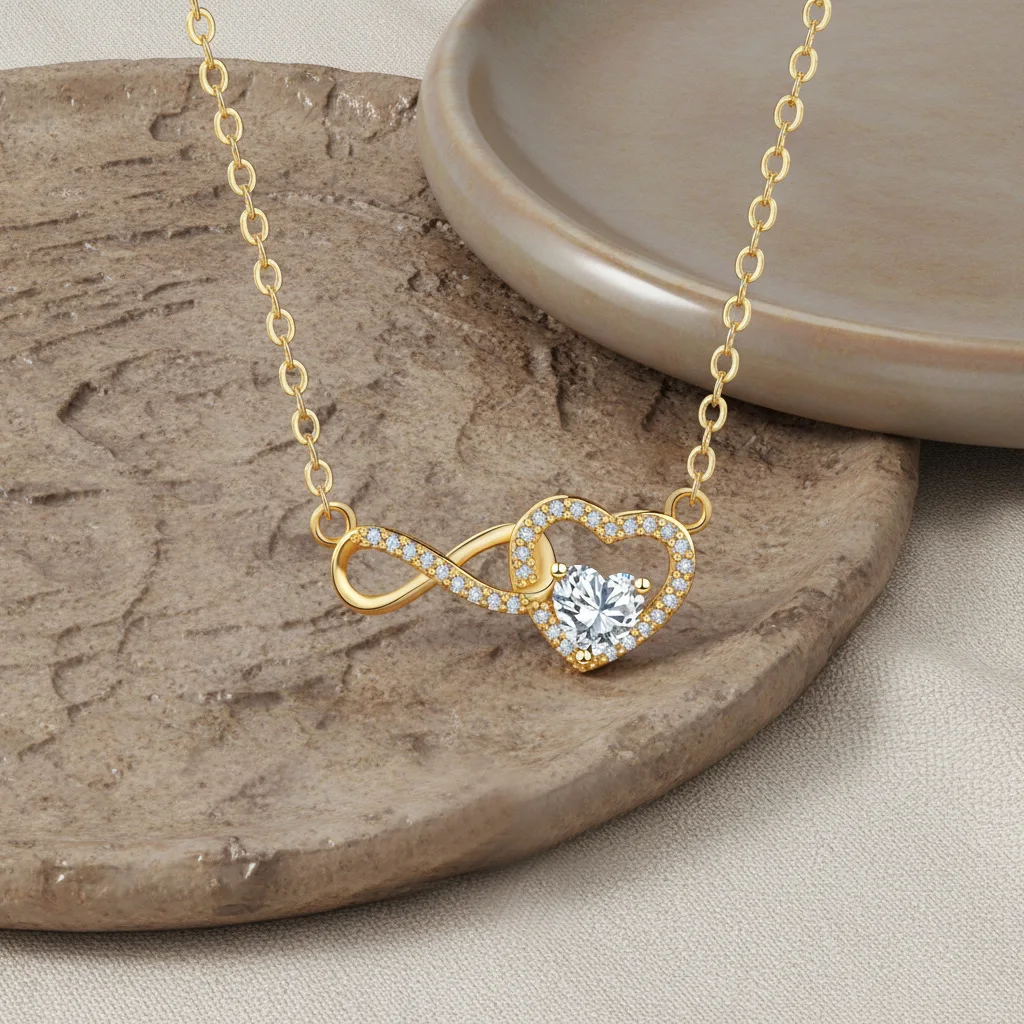 Gold Color Pave CZ Infinity Heart Necklace Dainty Clavicle Chain Hypoallergenic Daily Fashion Jewelry Gift for Women