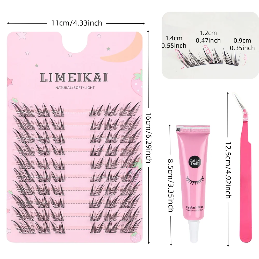 自然な見た目のアニメ風つけまつげ DIYまつげエクステセット+まつげ接着剤+まつげクリップ -60束、9-14mm、Cカール