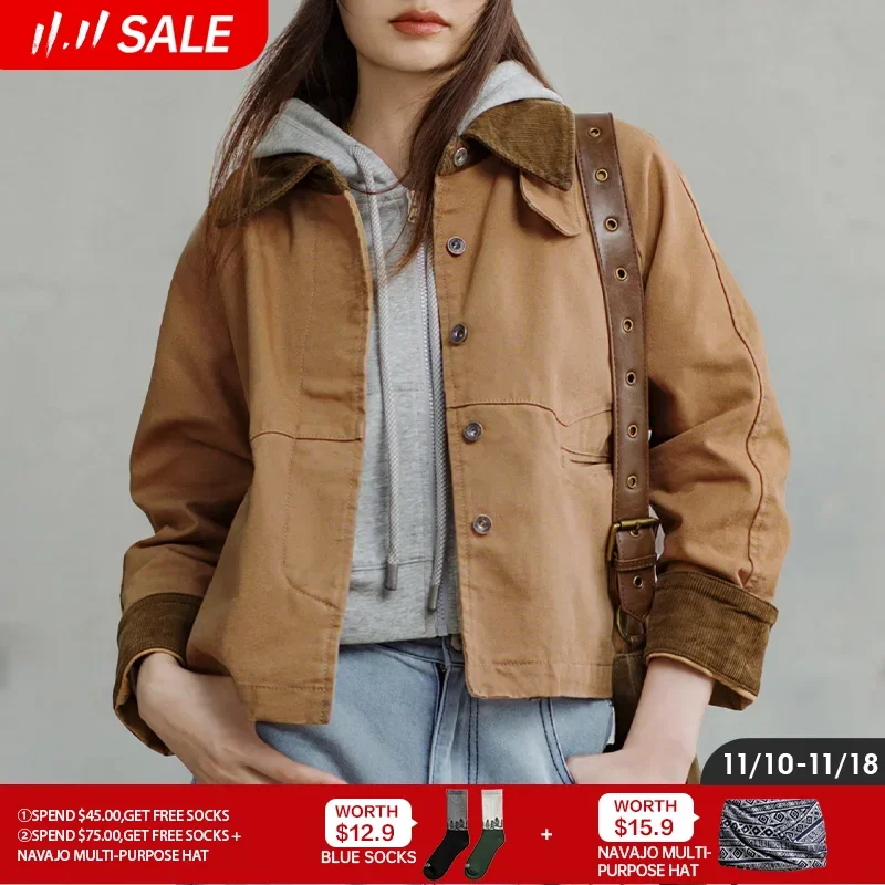 

Maden Retro Khaki Corduroy Collar Jacket Heavyweight Canvas Outerwear Loose Fit Casual Coat for Women's Autumn and Winter Tops