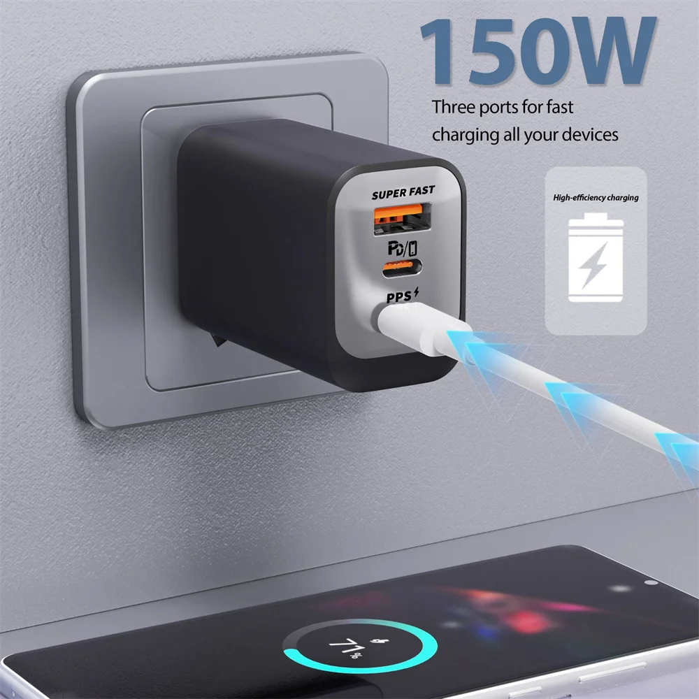 150W 3-Port Fast Charger PD QC3.0 Wall Charger USB-C Adapter For iPhone Samsung Xiaomi Multi Plug EU/US/UK Travel Charger