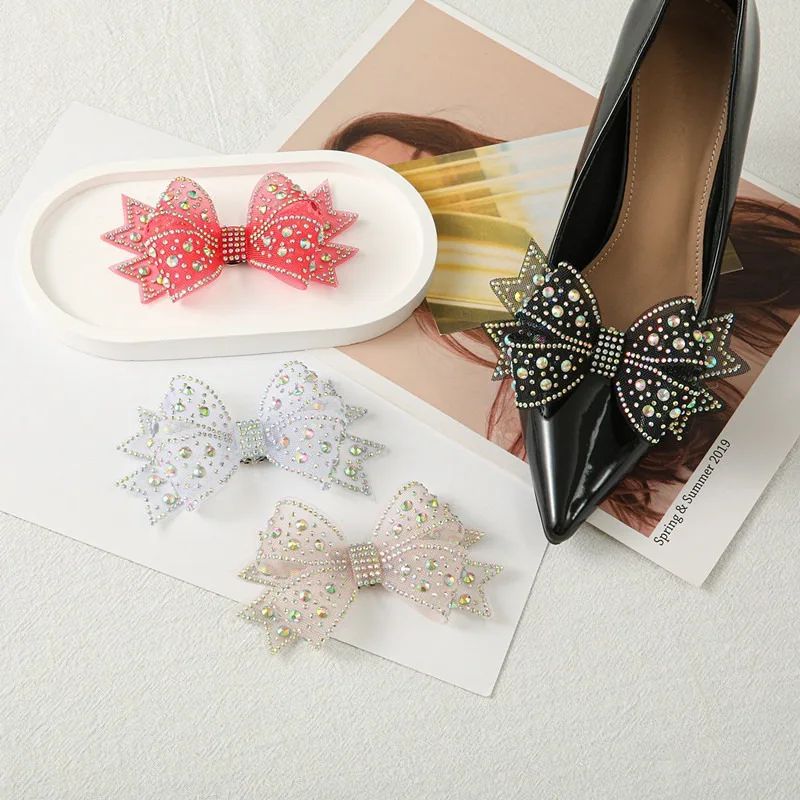 Shiny Bows Shoes Decoration Wedding High Heel Charm Mesh Hot Stamping Diamond Bow Shoe Buckle Accessories