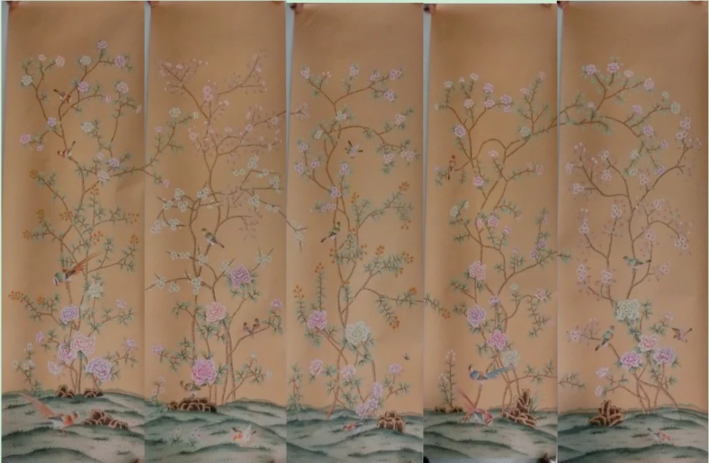 Customized HAND-MADE silk Wallpapers Hand-Painted Flowers/Birds for Bedroom/Living/Study/Dining Room/Porch/Sofa/TV wallcovering