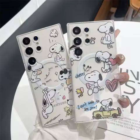 Funny Snoopy Cartoon Magnetic Bracket Clear Soft Case For Samsung S23 S24 S22 Ultra S21Plus Magsafe Case Wireless Charge Shell