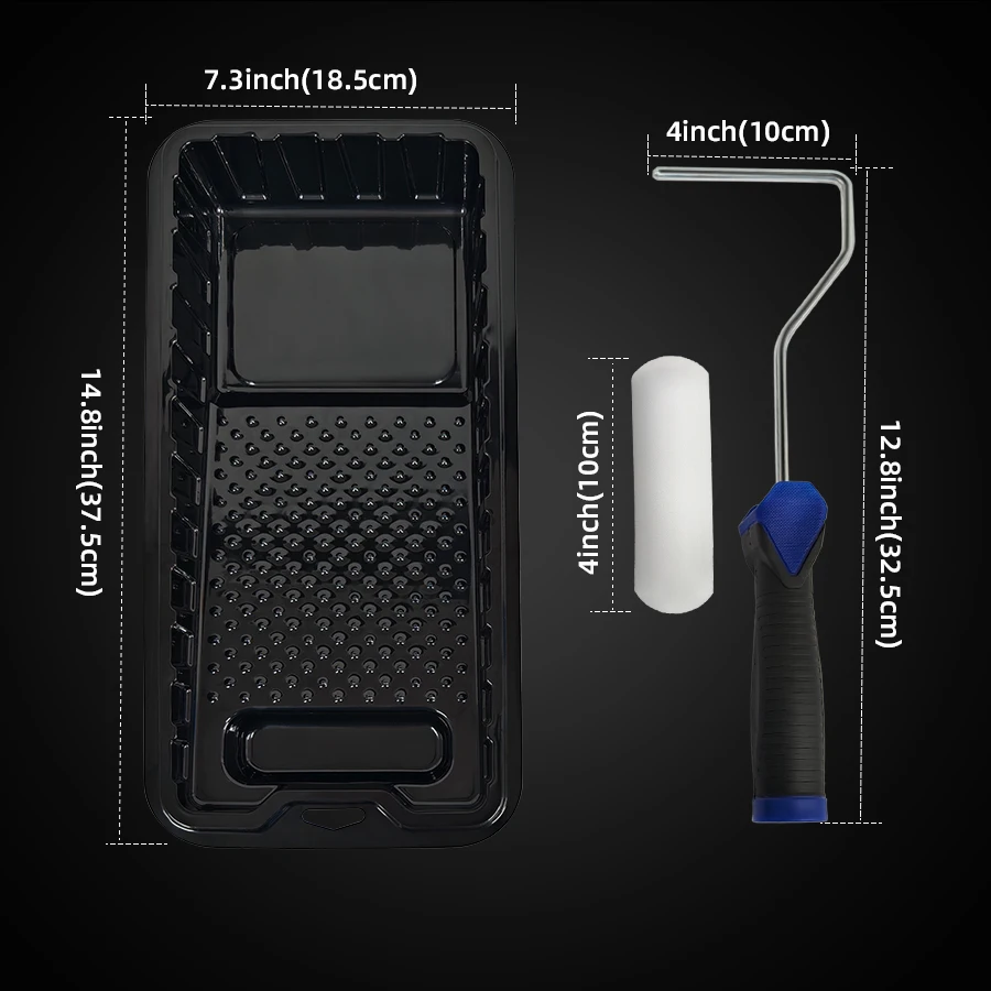 3-piece mini roller set includes 4" PET paint tray; 4" stick mini roller stand with 6mm shaft; 4" high-density roller foam
