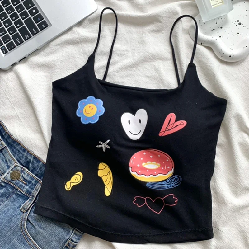 Fashion Cartoon Print Sleeveless Cropped Tops with Paded Sexy Basic Summer Casual Camisole Women Backless Y2k Vintage Tank Top