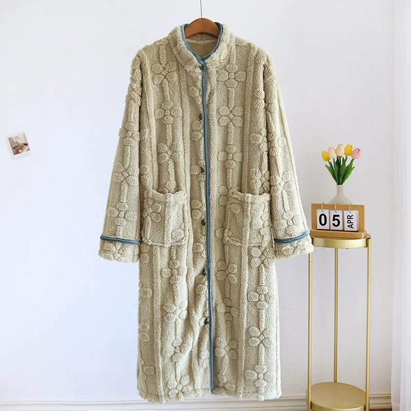 Autumn and Winter 2024 New Women\'s Nightgown Flannel Sweet and cute Bathrobe Women\'s Nightdress Stand collar Button Home Dress