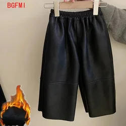 Korean Girl Child PU Clothes 2025 New Thick Plush Trouser Kids Girls Autumn Winter Pants Casual Loose Velvet Leather Pants 2-10Y