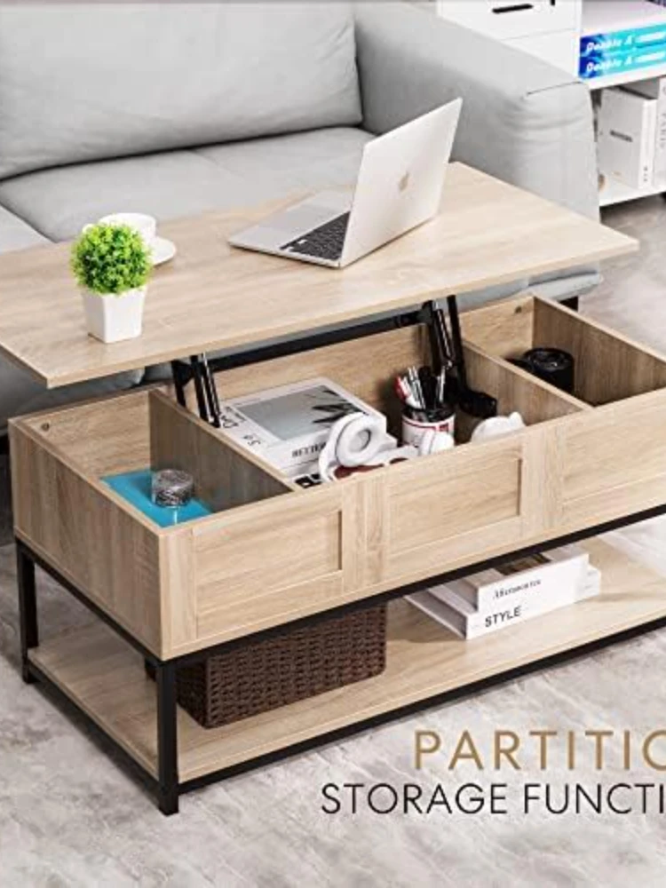 Top Coffee Table with Steel Frame, Dining Table with Open Storage and Hidden Compartment, Suitable for Living Room, Office, Smal