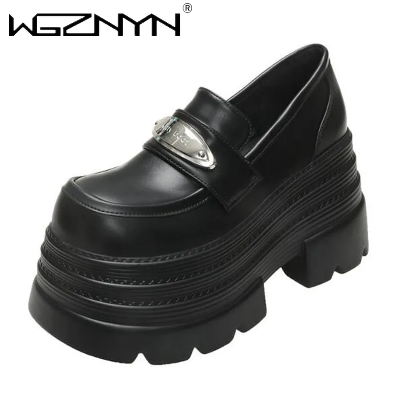 New 2025 Spring Women Leather Chunky Sneakers Loafers Nop-slip 10CM High Heels Platform Autumn Casual Walking Shoes Flats Woman