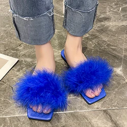 Lucyever Blue Summer Flat Fur Slipper Women 2023 Soft Bottom antiscivolo Slides Shoes donna Fashion Square Toe soffici pantofole