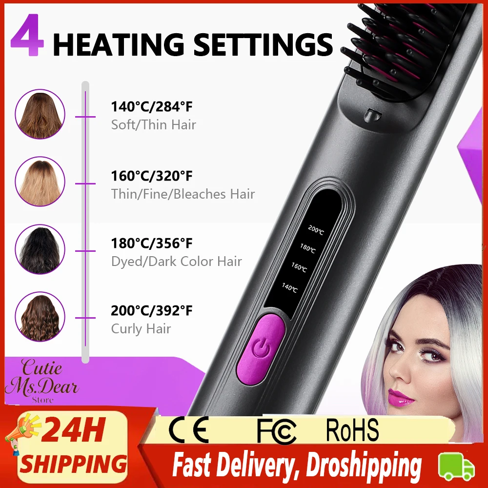 

Cordless Hair Straightener Brush Anti-Scald Portable Portable Straightening Comb Fast Heating 4 Temp-Settings LED Display USB