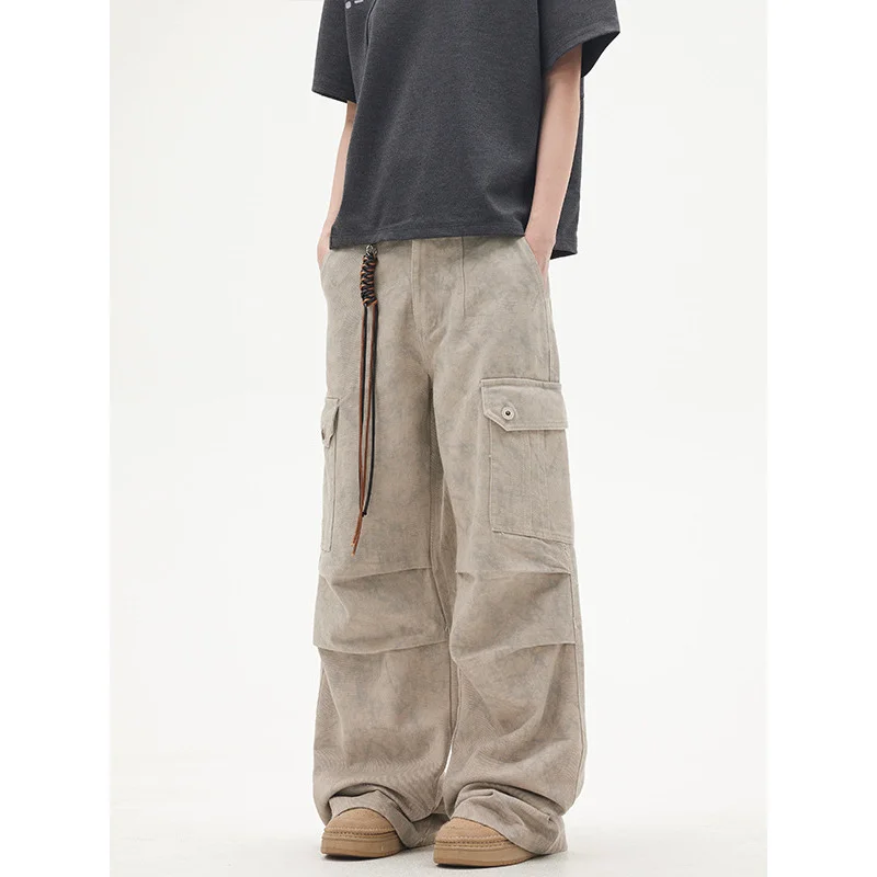 American-Style Retro Marble Dark Pocket Straight Wide Leg Overalls Men's Loose Paratrooper Pants Versatile Casual Pants