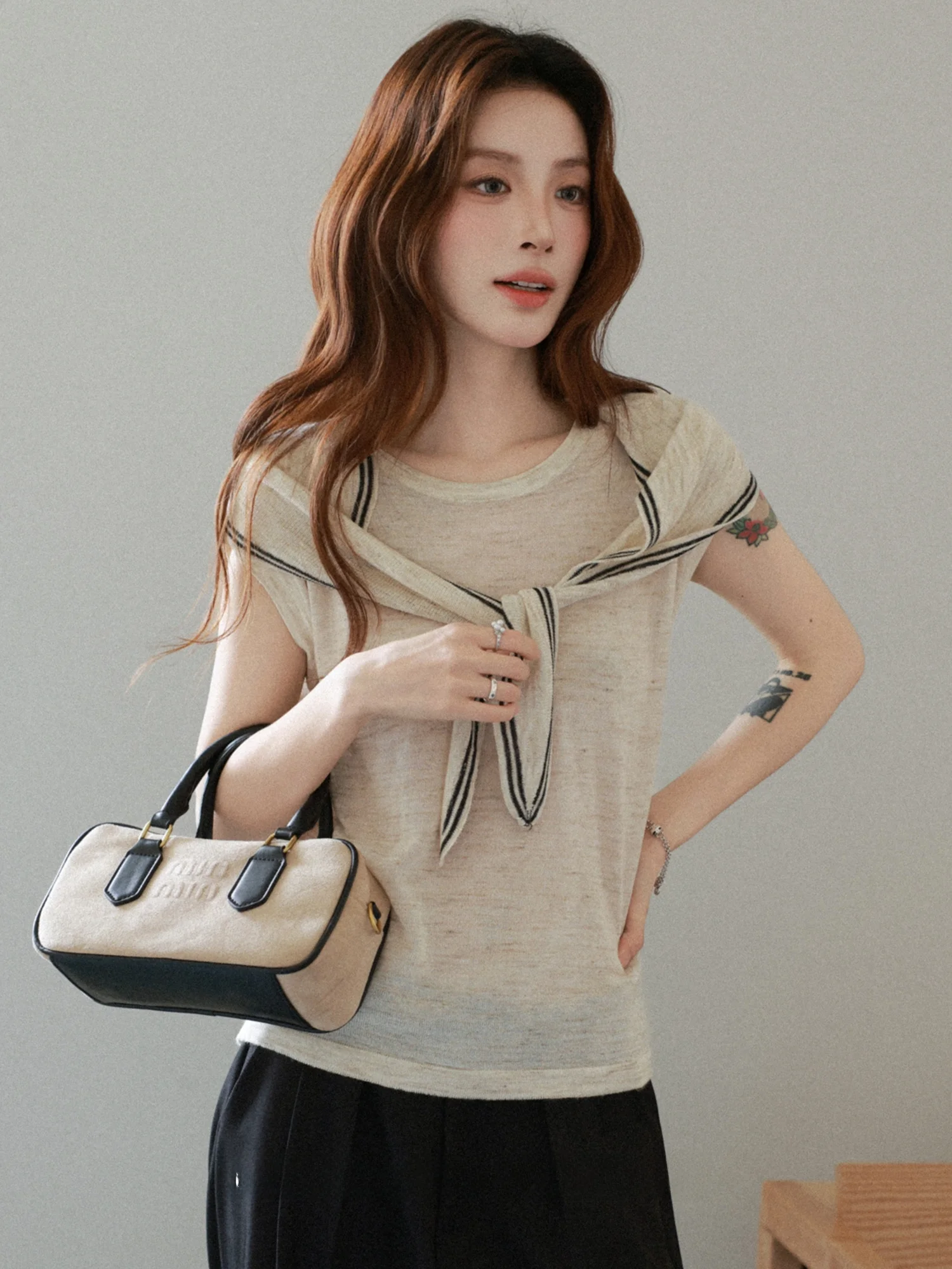 

Вязаная футболка с коротким рукавом и круглым вырезом в стиле колор-блок, женская повседневная свободная футболка с мягкой текстурой, утягивающий топ