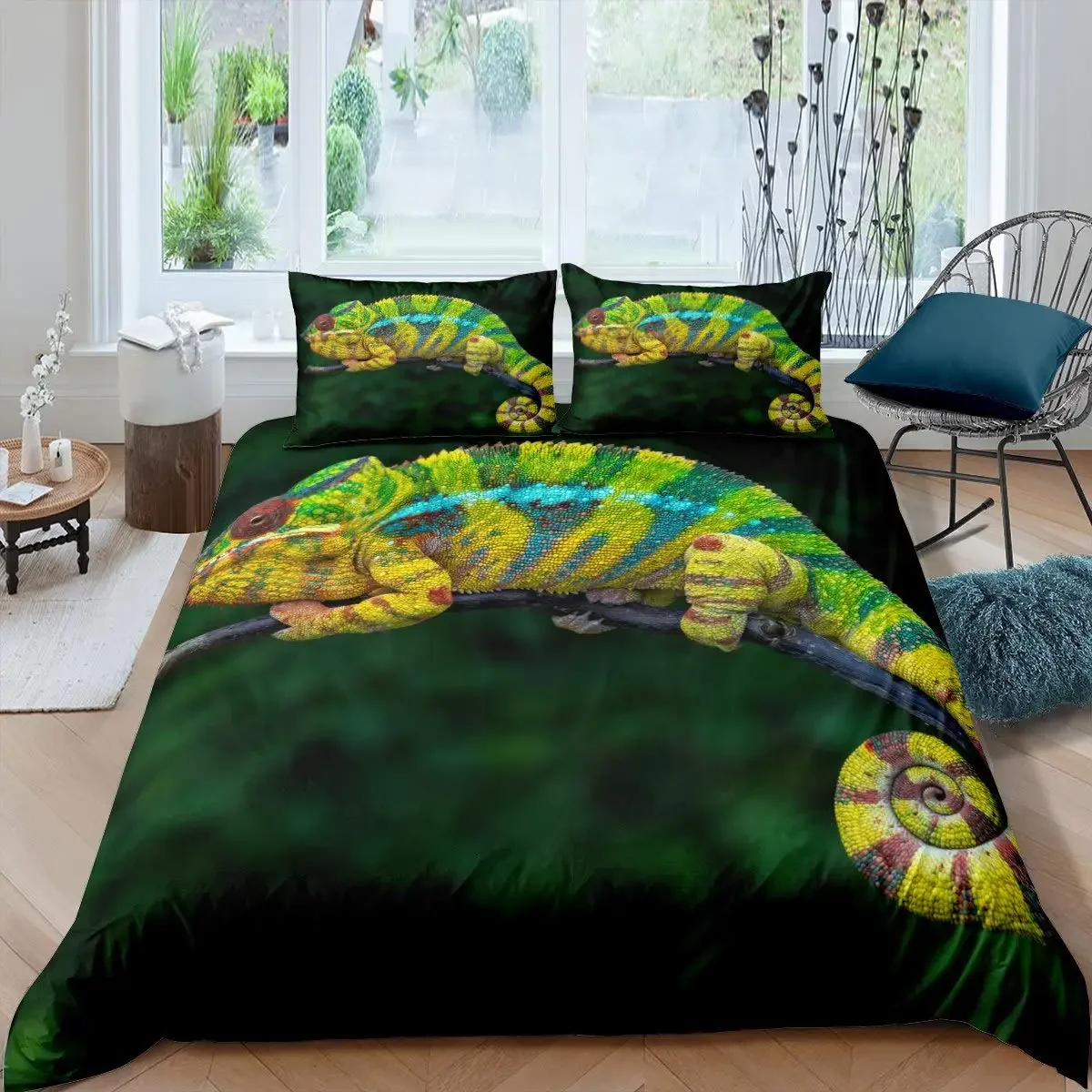 Chameleon Duvet Cover 3D Wild Animal Theme Adults Boys Green Leaf Tropical Rain Forest Area Quilt Cover for Bedroom Decorations