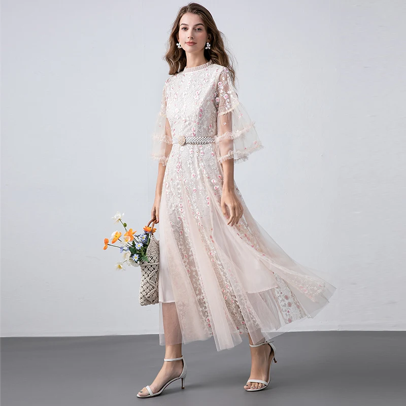 High Qulity Women O Neck Flower Embroidery Mesh Long Clothes Luxury Autumn Pink Ruffles Flare Sleeve Pearl Belt Party Dress Robe