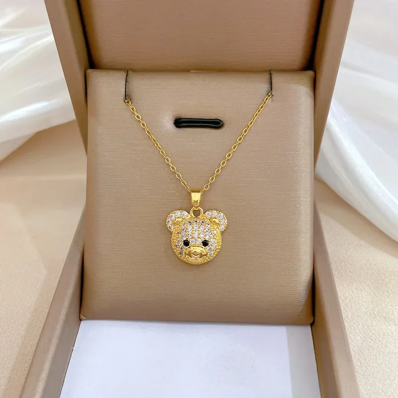 Cubic Zircon Filled Resin Bear Necklace for Women Stainless Steel Chain Choker Stainless Steel Gold Color Plated Jewelry Bohemia