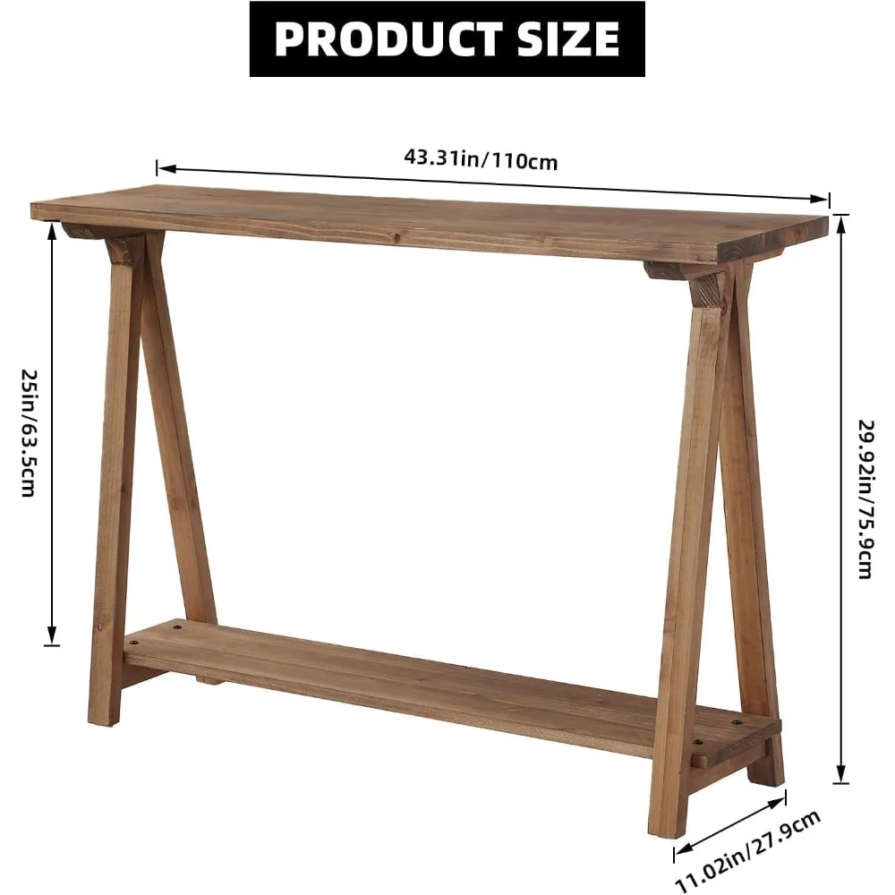 Mesa de console rústica de madeira maciça, mesa de sofá de dois camadas 43,3, estilo fazenda natural para sala de estar e entrada