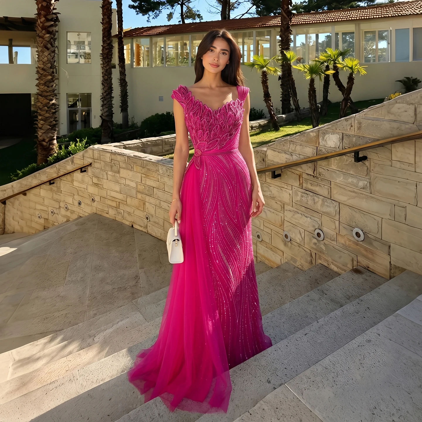Sharon Said Fuchsia Evening Dress Off Shoulder 3D Leaf Embroidery Side Tulle Drape Mermaid Formal Party Gowns SS106 Custom