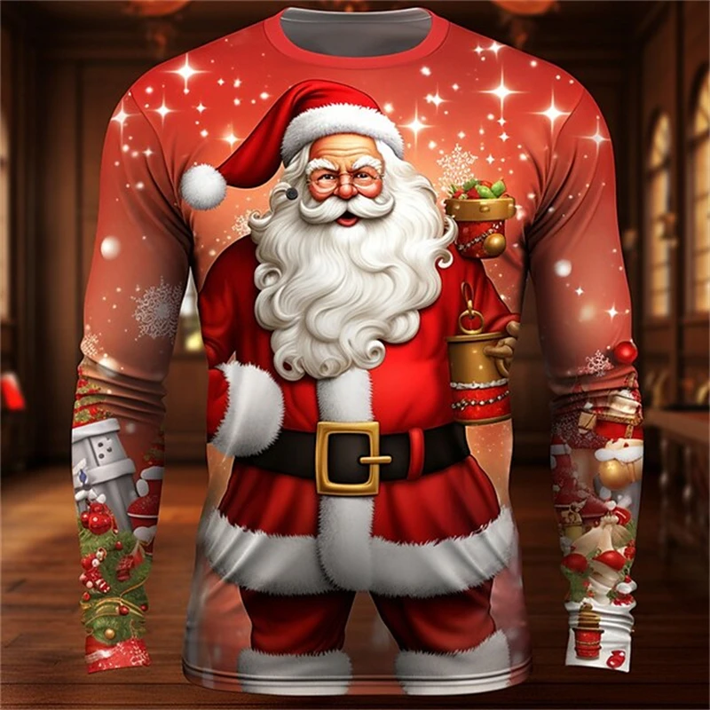 3D Printed Christmas Round Neck Long Sleeve T Shirt Women Santa Claus New Fashion Tops Men's Holiday Party Mens Designer Clothes