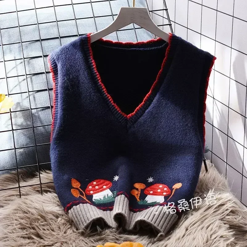 Korejepo Mushroom Embroidery Vests Short V Neck Knitted Vest Tank Top Loose Autumn New Overlay Soft Glutinous Sleeveless Sweater