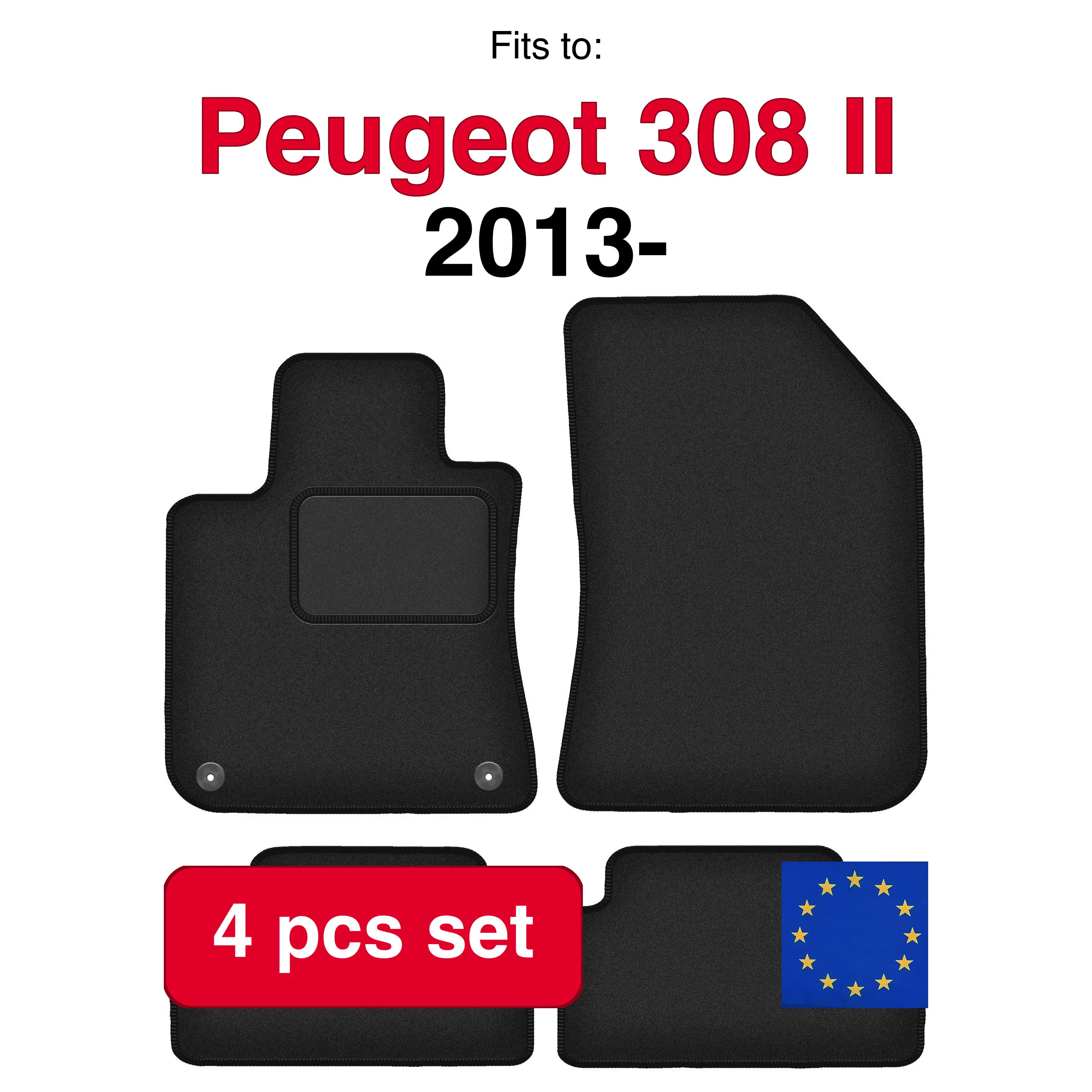 Image of Velours-Automatten für Peugeot 308 II Schrägheck (2013-) – Schwarz (4 Stück), passgenaues Automattenset