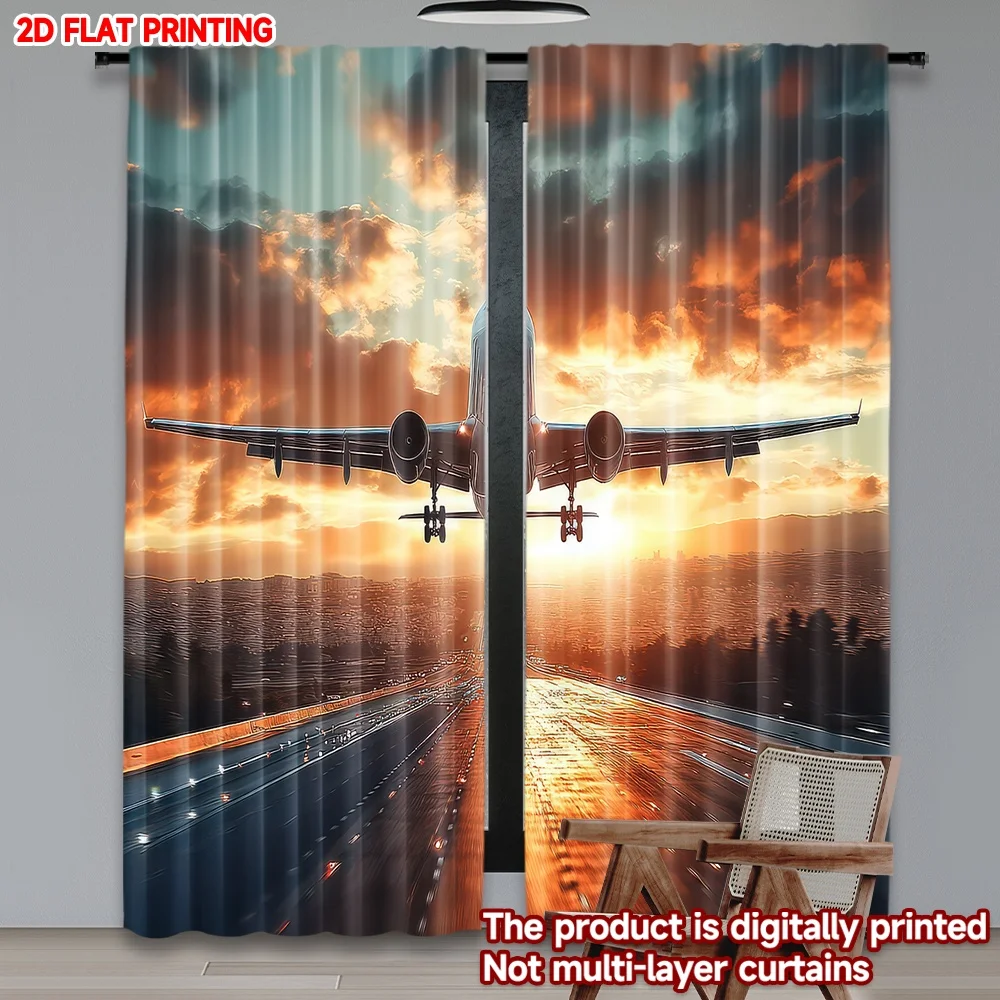 

2D flat printing 2pcs Curtain Airplane Sunset Landing Digital Printed Polyester Drapes Festive Curtains Perfect for Indoor