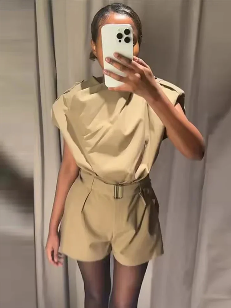 

Women Short Bodysuit Summer Autumn Women New Fashion Solid Color With Belt Decoration Short Jumpsuit Women Leisure Bodysuit