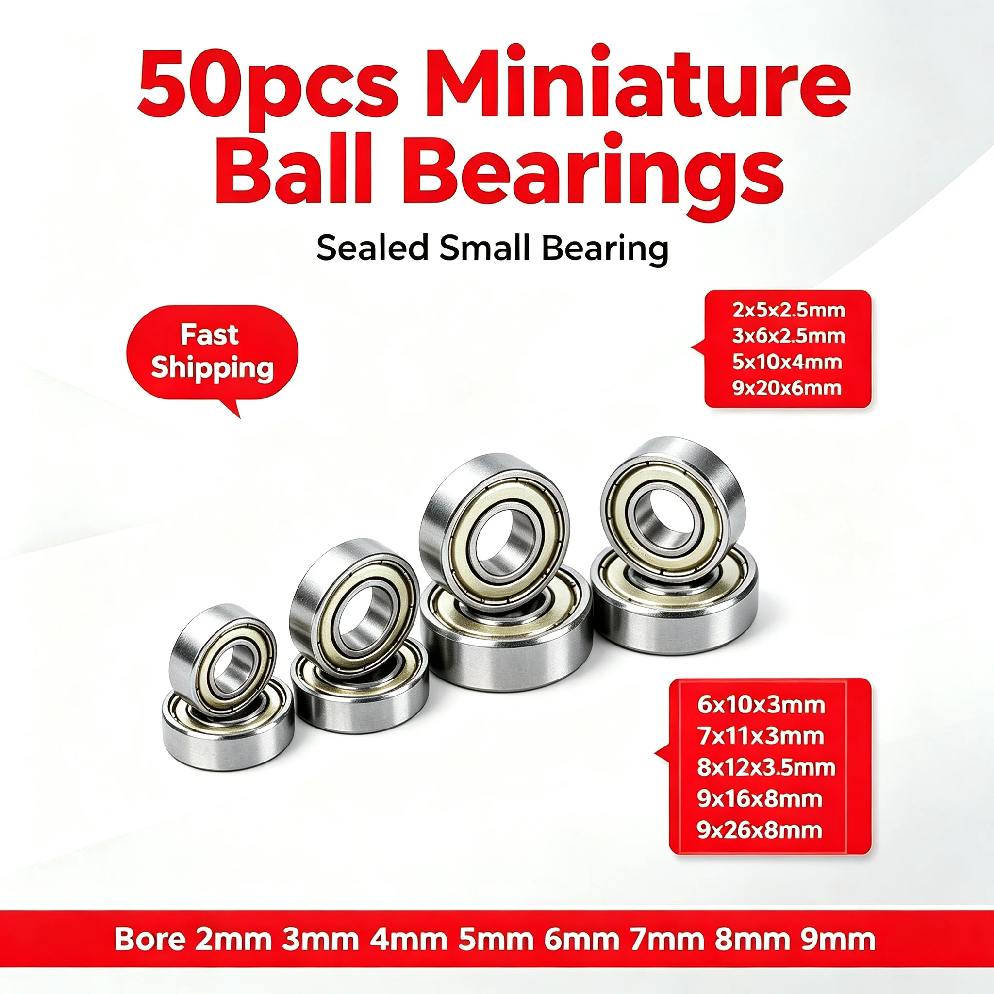 50pcs Miniature Ball Bearings 2x5x2.5 3x6x2.5 5x10x4 6x12x4 9x20x6 Mm Bore 2mm 3mm 4mm 5mm 6mm 7mm 8mm 9mm Sealed Small Bearing