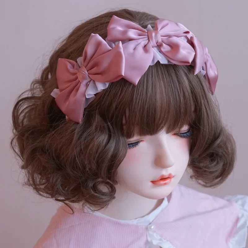 Honshou Original Handmade Ruffle Edge Satin Bow Headband Headband Pink Japanese Lolita Hair Accessories Women