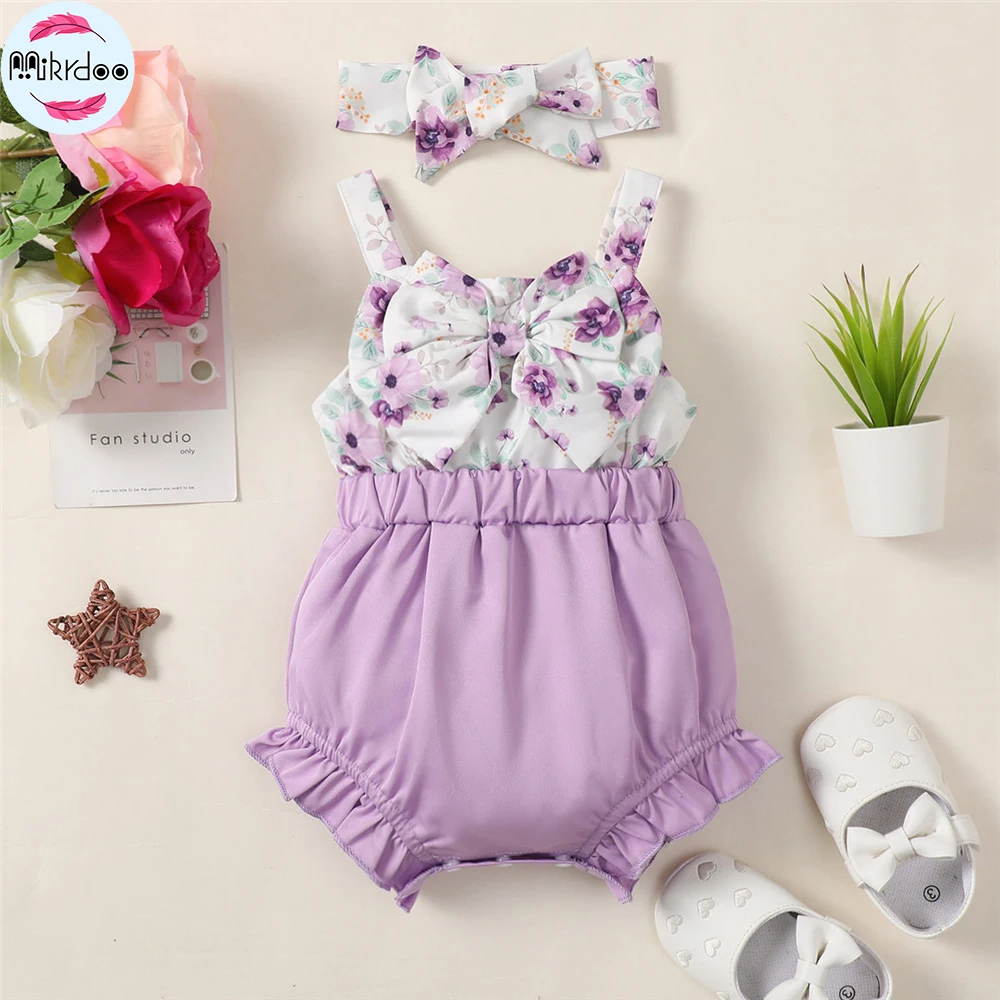 0-18 Months Old Newborn Floral Bow Colored Patchwork Bodysuit+Head Band Suitable for Cute Summer Girl Baby One Year Photo Outfit