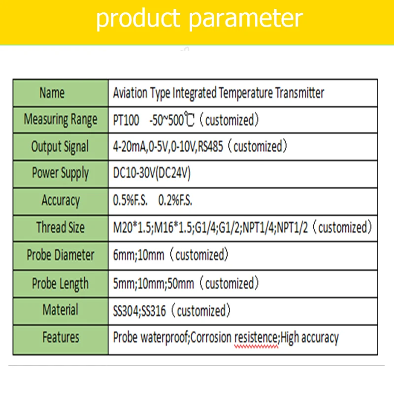 Temperature Transmitter Aviation Type PT100 -50~500℃ 1m cable  4-20mA Output 50x6mm with M20*1.5 Thread Size Plunger Probe