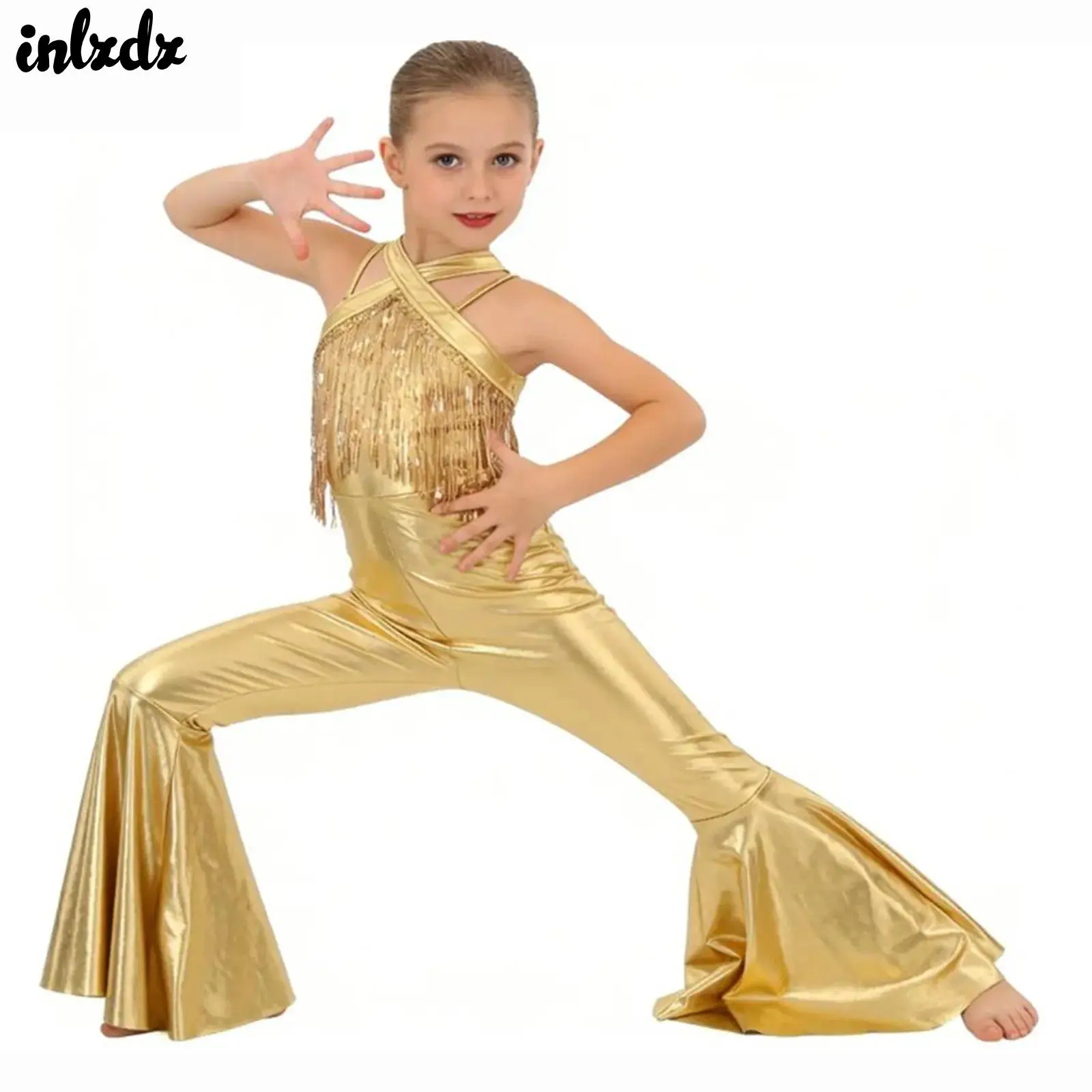 

Kids Girls Metallic Tassel Jazz Dancewear Girls Latin Stage Performance Disco Costume Back Zipper Long Flare Pants Bodysuit