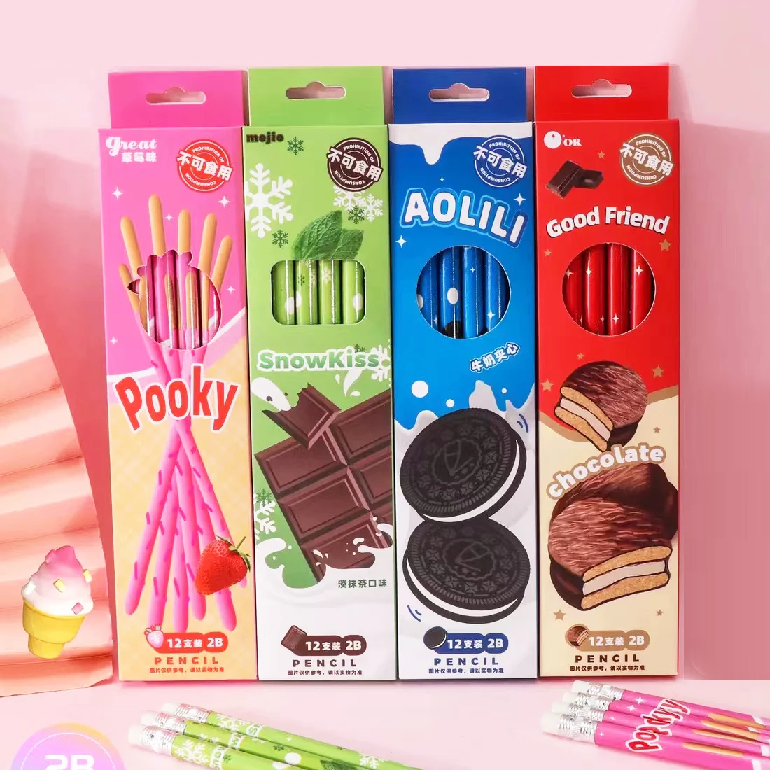 Equipo de regreso a la escuela, útiles escolares, material escolar, papelería kawaii, lindos lápices de galletas, lápiz escolar para niños
