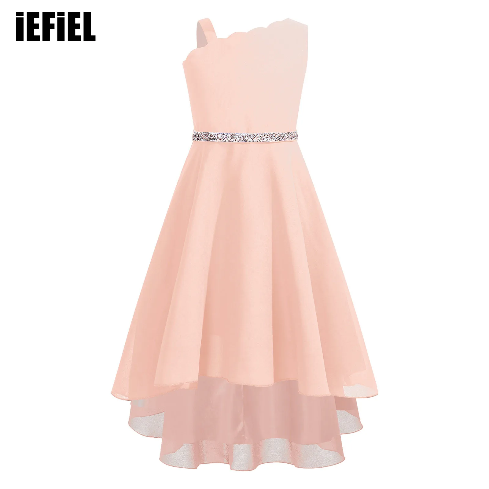 

Kids Girls Formal Dress Elegant Hi-Low Chiffon Dress with Shiny Belt Sleeveless Asymmetrical Shoulder Princess Full Dress