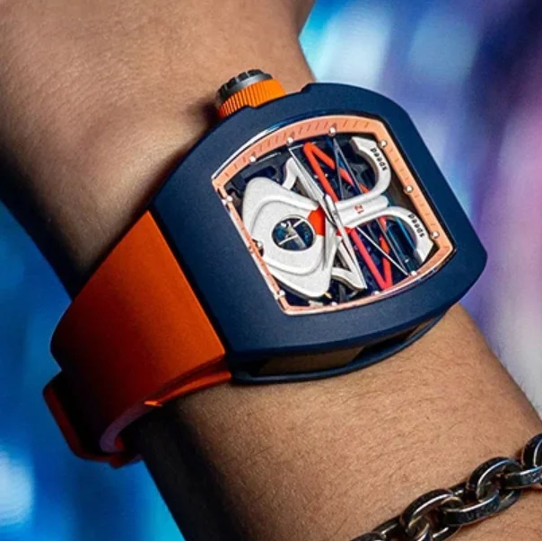 CRONUSART Men Automatic Watch 50mm Tonneau Mechanical Wristwatch Luminous Fluororubber Strap Skeleton Space Station Dial