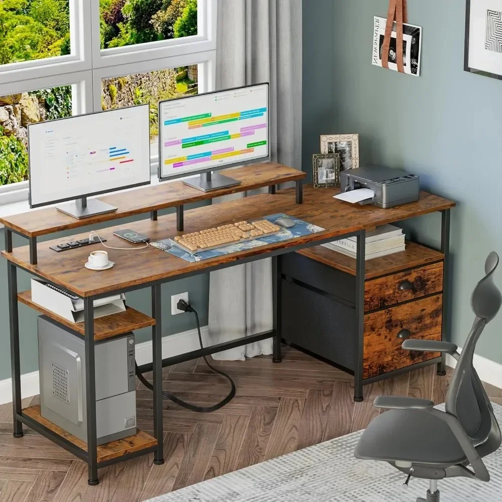 

61" Computer Desk with Power Outlet and USB Ports, Large Desk with Shelves and Drawer, Writing Study Desk with Fabric File