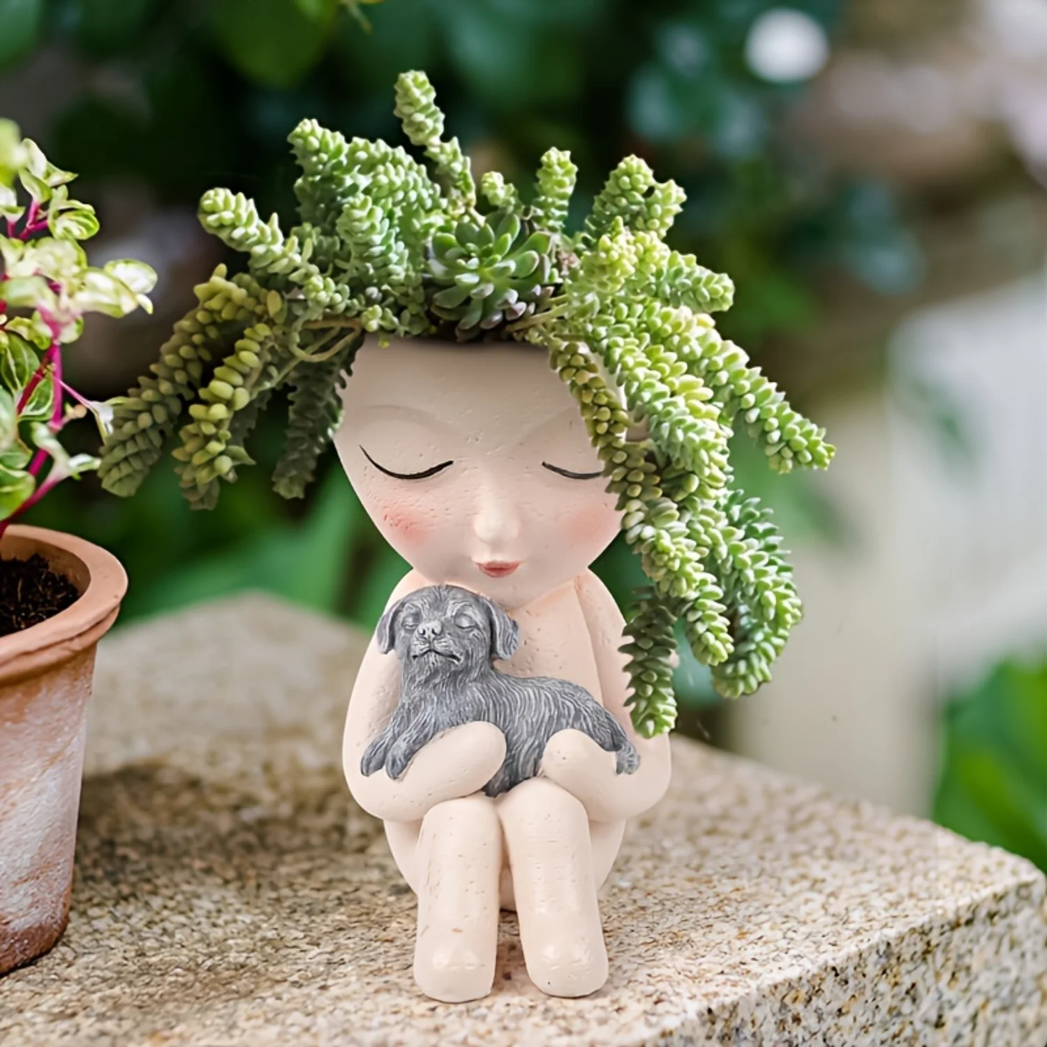 [Cozy] Charming Resin Flower Pot with Girl and Dog Design - Perfect for Succulents & Outdoor Garden Decor, Cylinder Shape Potted