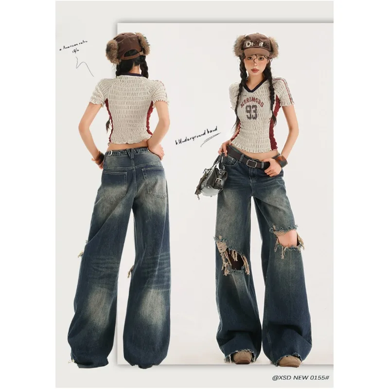 

American Loose Straight High Waist Baggy Denim Jeans for Women Street Style Distressed Casual Trousers
