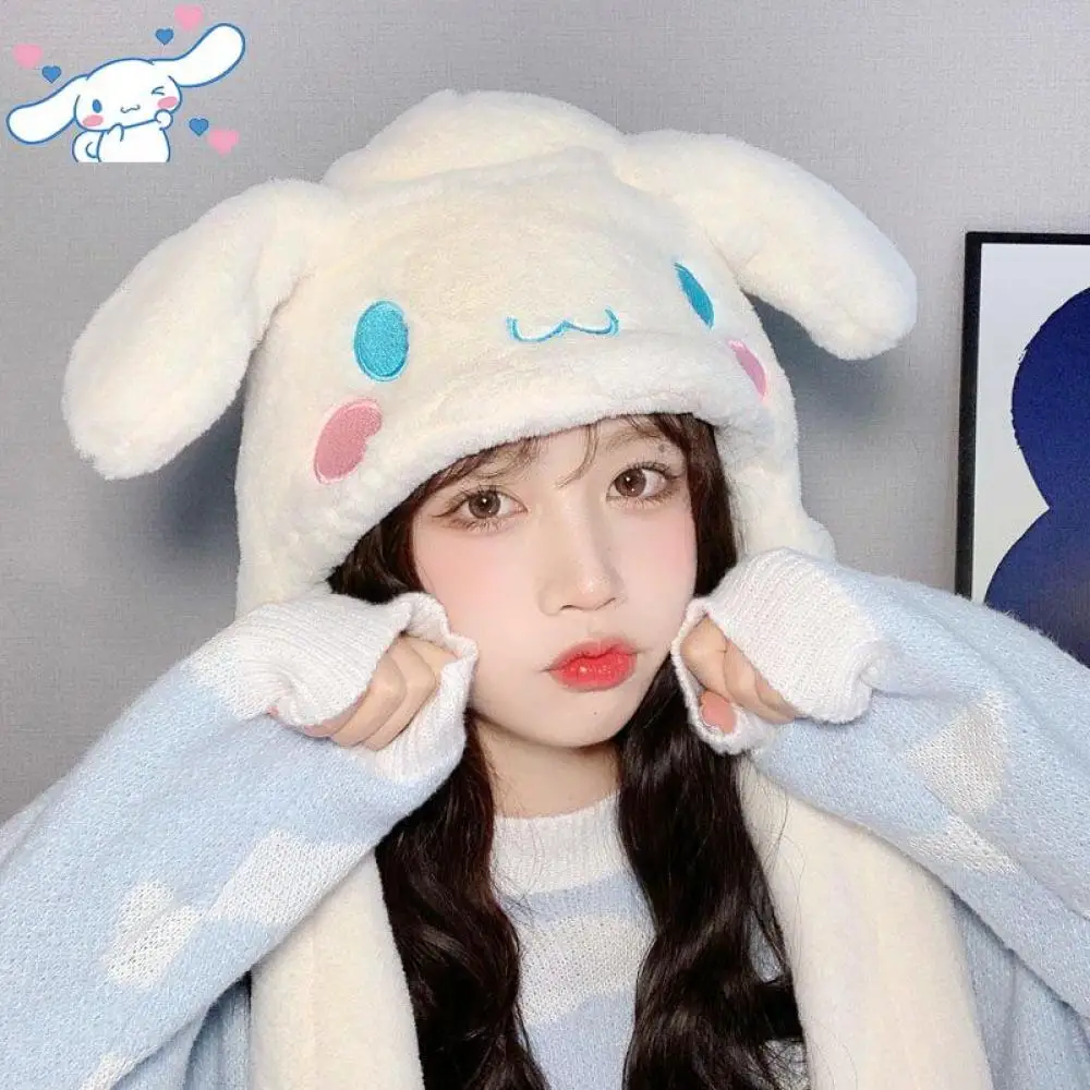 Kawaii Sanrioed Cinnamoroll Plush หมวกหูย้ายอะนิเมะ Kuromi Melody ฤดูหนาวน่ารักสาวหวานนักเรียน WARM Thicken แฟนของขวัญ