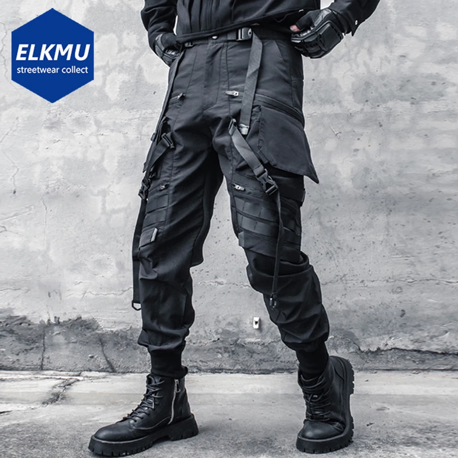 Punk Cargo Pants Men Multi Ribbon Pocket Splicing Ninja Pants Streetwear Joggers Men Black Hip Hop Sweatpants Trousers