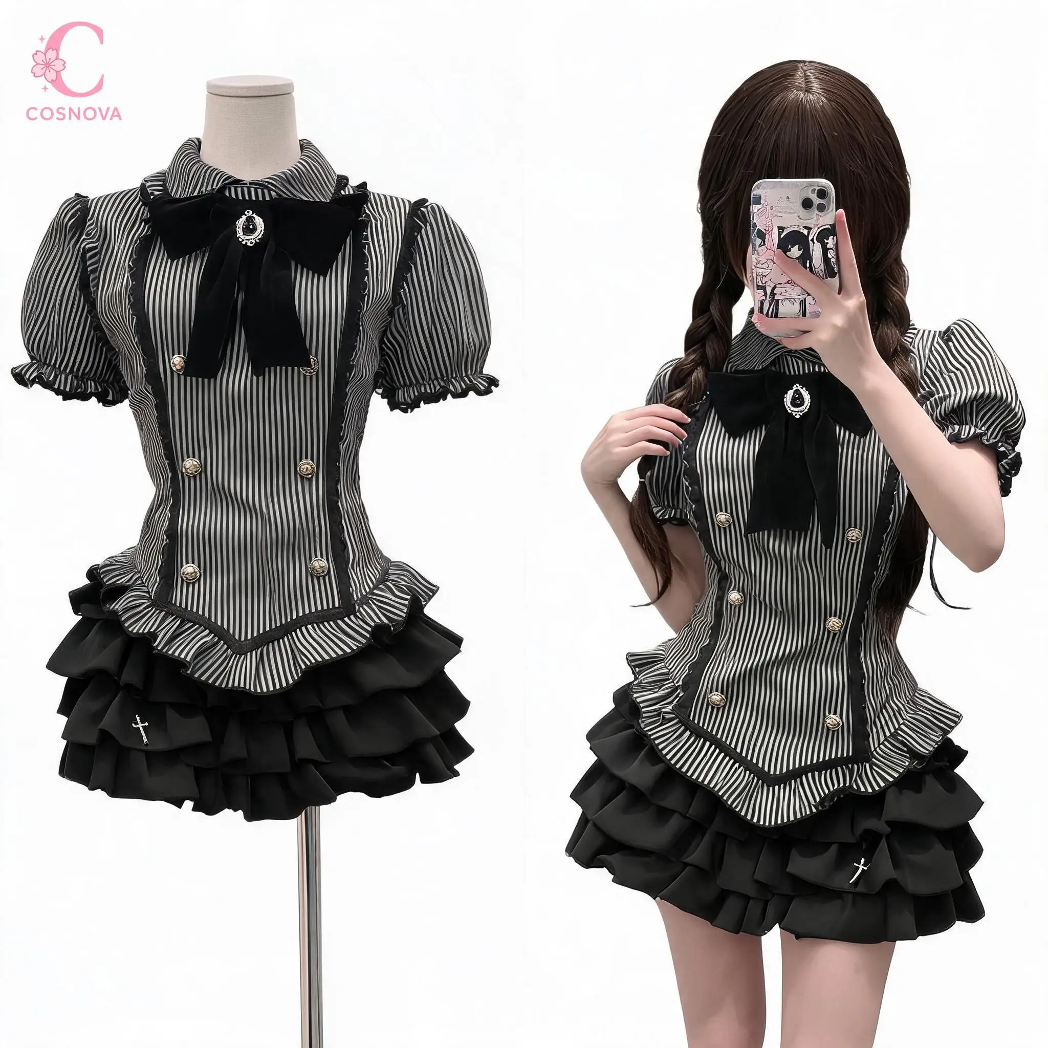 

Korean Style Puff Sleeve Striped Bow Ruffle Trim 2 Pieces Set Women Blouse Ruffle Skirt Elegant Chic Summer Daily Commute Outfit