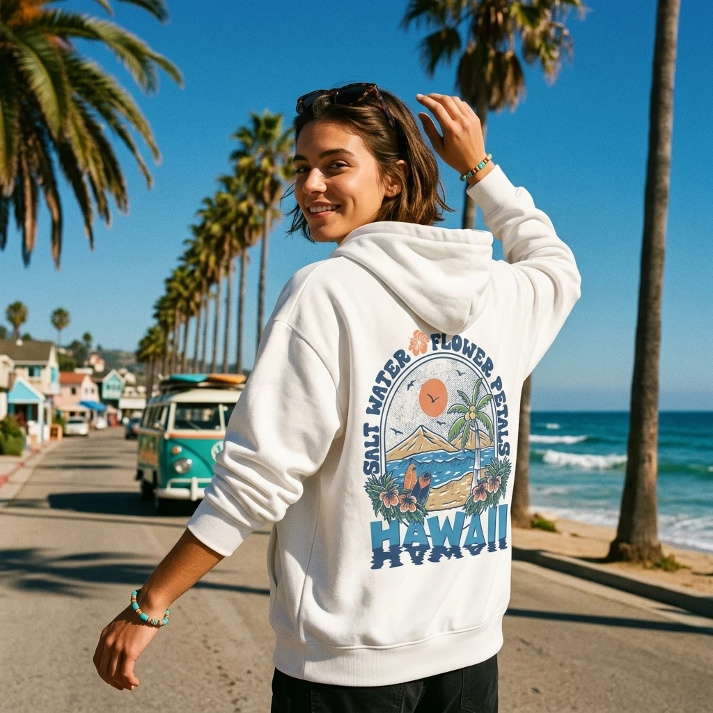 Hawaii Beach Parent-Child Surf Coconut Tree Long Sleeve Hoodie Sweatshirt Retro Vacation Pullover Thanksgiving Leisure Clothing