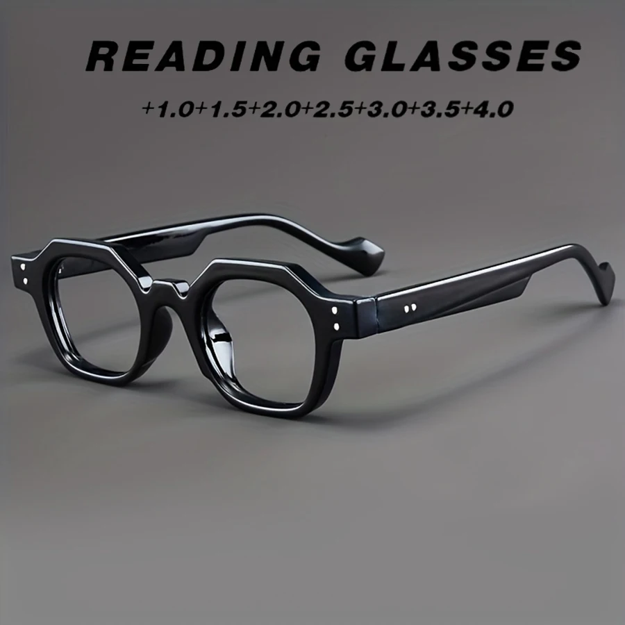 Kacamata baca bergaya retro hitam, kacamata baca pria dan wanita yang modis, kacamata presbiopia poligonal