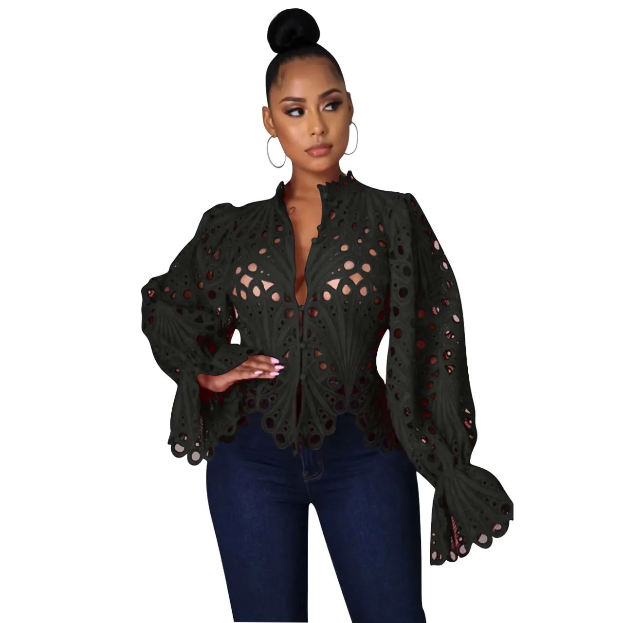 2024 New Elegant Long Sleeve Hollow Out Mesh Lace Shirt Sheer See Through Top Blouse Clothing Dashiki African Shirts For Women