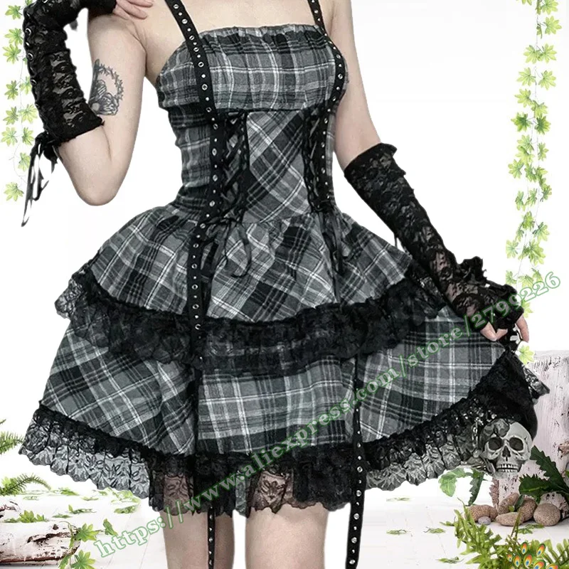 2025 summer Gothic style Abi black gray checkered short dress, Japanese version Y2K spicy punk short dress