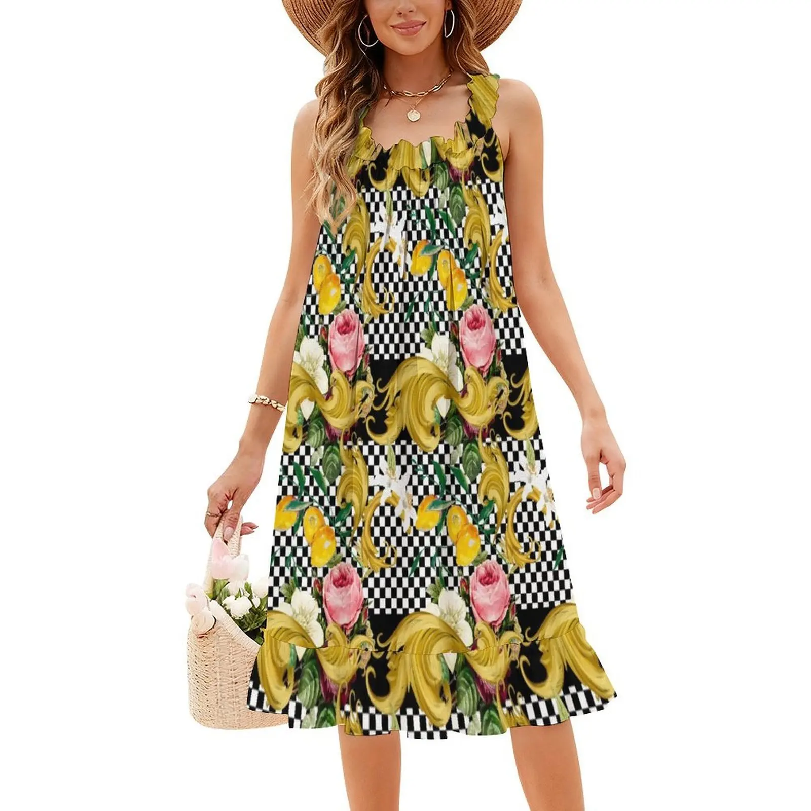 الشطرنج الباروك بلاط صقلية البحر الأبيض المتوسط فسيفساء المرأة الهيب هوب الشارع الشهير فستان الرسم طباعة ملابس نادي الحفلات صقلية #4