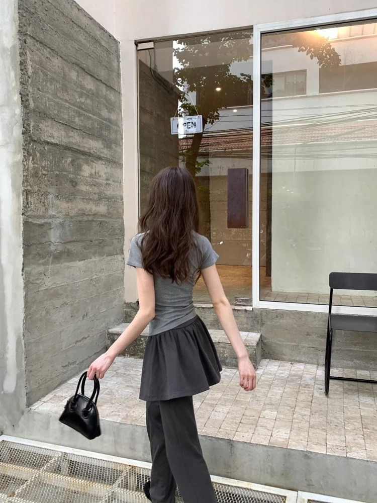 Deeptown Gray Fake Two-Piece Flared Pants Women Korean Fashion Skirts Patchwork Trousers Slim Casual Street Coquette Pantalones